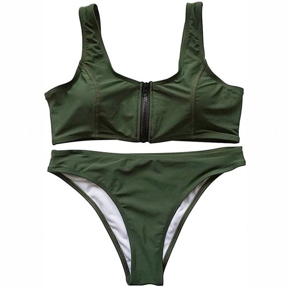 Army Green Scoop Neck Zip-Front Crop Top Bikini - Picture 5 of 16
